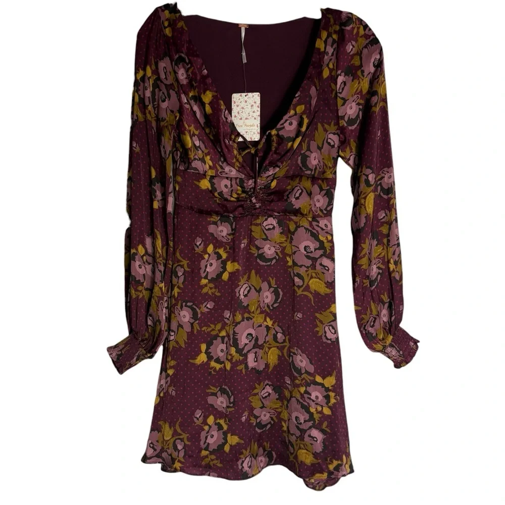 FREE PEOPLE Morning Light Mini Dress Floral Polka Dot Long Sleeve Size 0 -- NWT